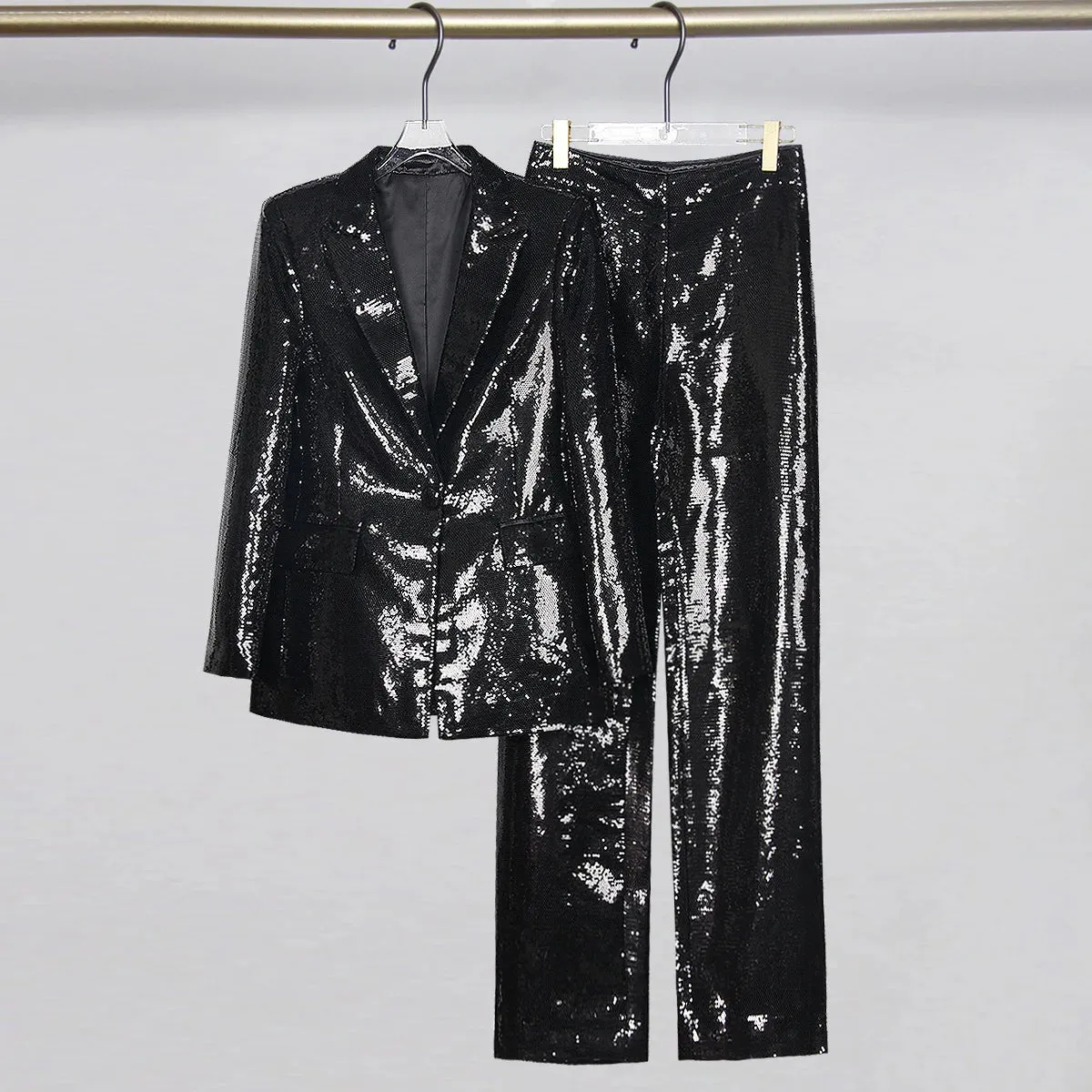Trend4us Shiny Sequin Blazer and Wide-Leg Pants Set