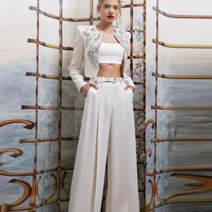 Trend4us Women's Luxury Beaded Crystal Pearl Pant Suits