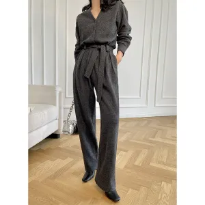 V-neck knitted wool drape wide-leg trouser jumpsuit - Mopai
