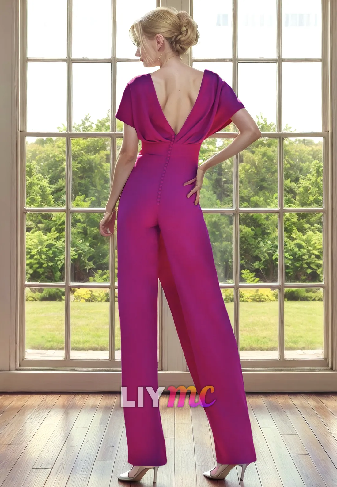 V-Neck Short Sleeves Ruched Jumpsuit Mother of Bride Dress Cocktail Dress