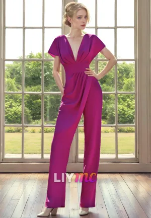 V-Neck Short Sleeves Ruched Jumpsuit Mother of Bride Dress Cocktail Dress