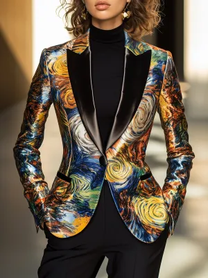 Van Gogh Inspired Starry Night Satin Blazer Statement Piece