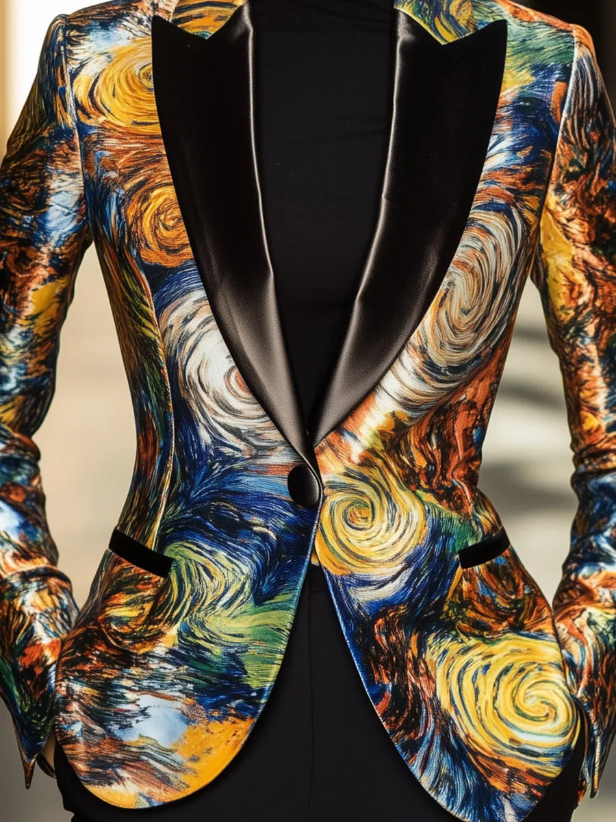 Van Gogh Inspired Starry Night Satin Blazer Statement Piece