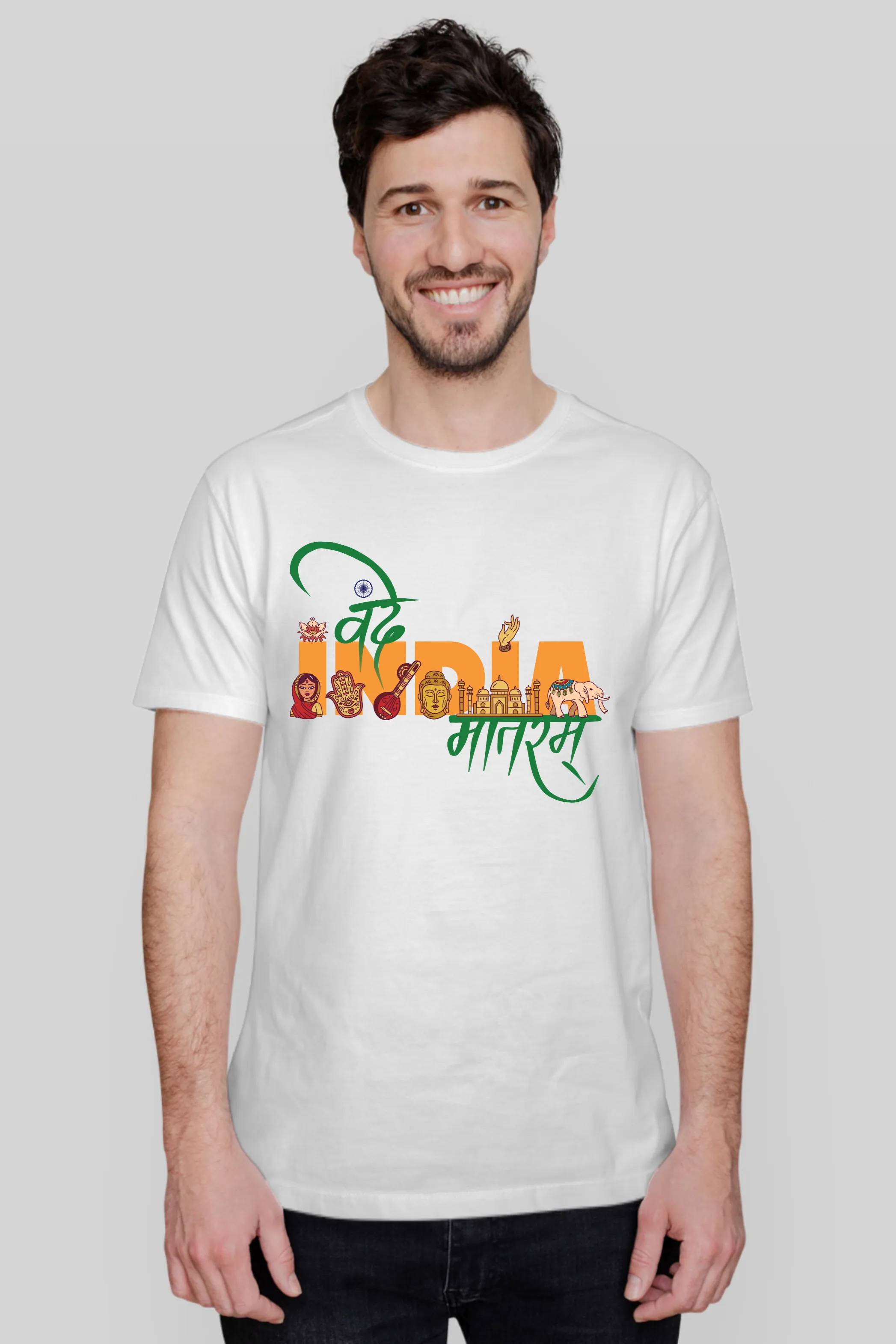 Vande Mataram In Monumental Style White Printed T-shirt for men