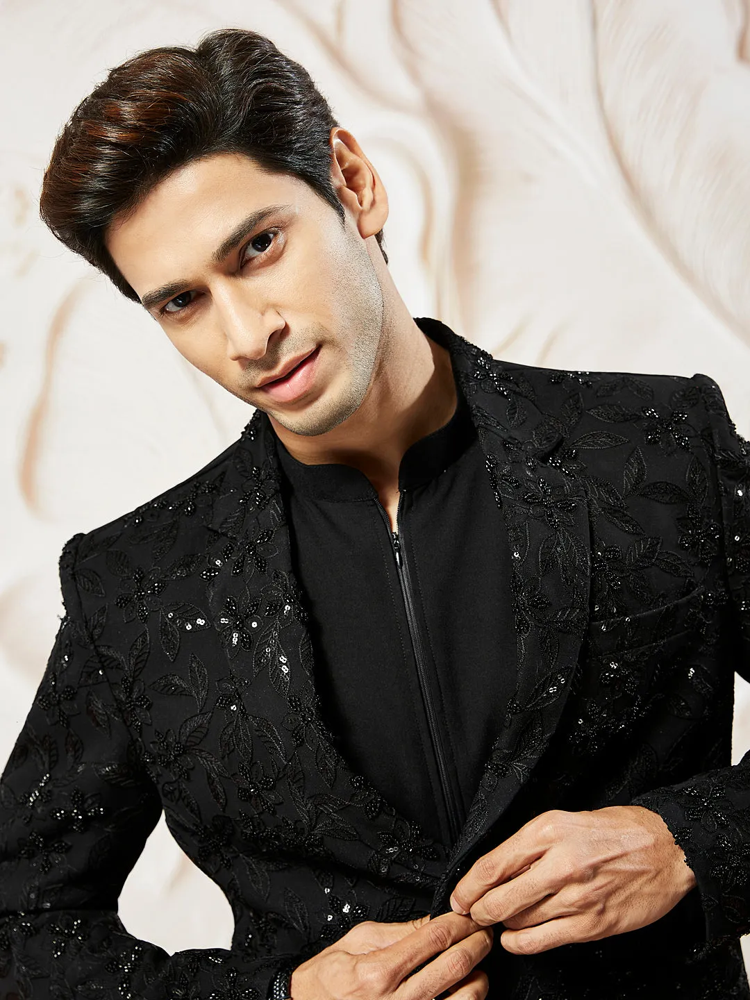 VASTRAMAY Men's Black Georgette Blazer