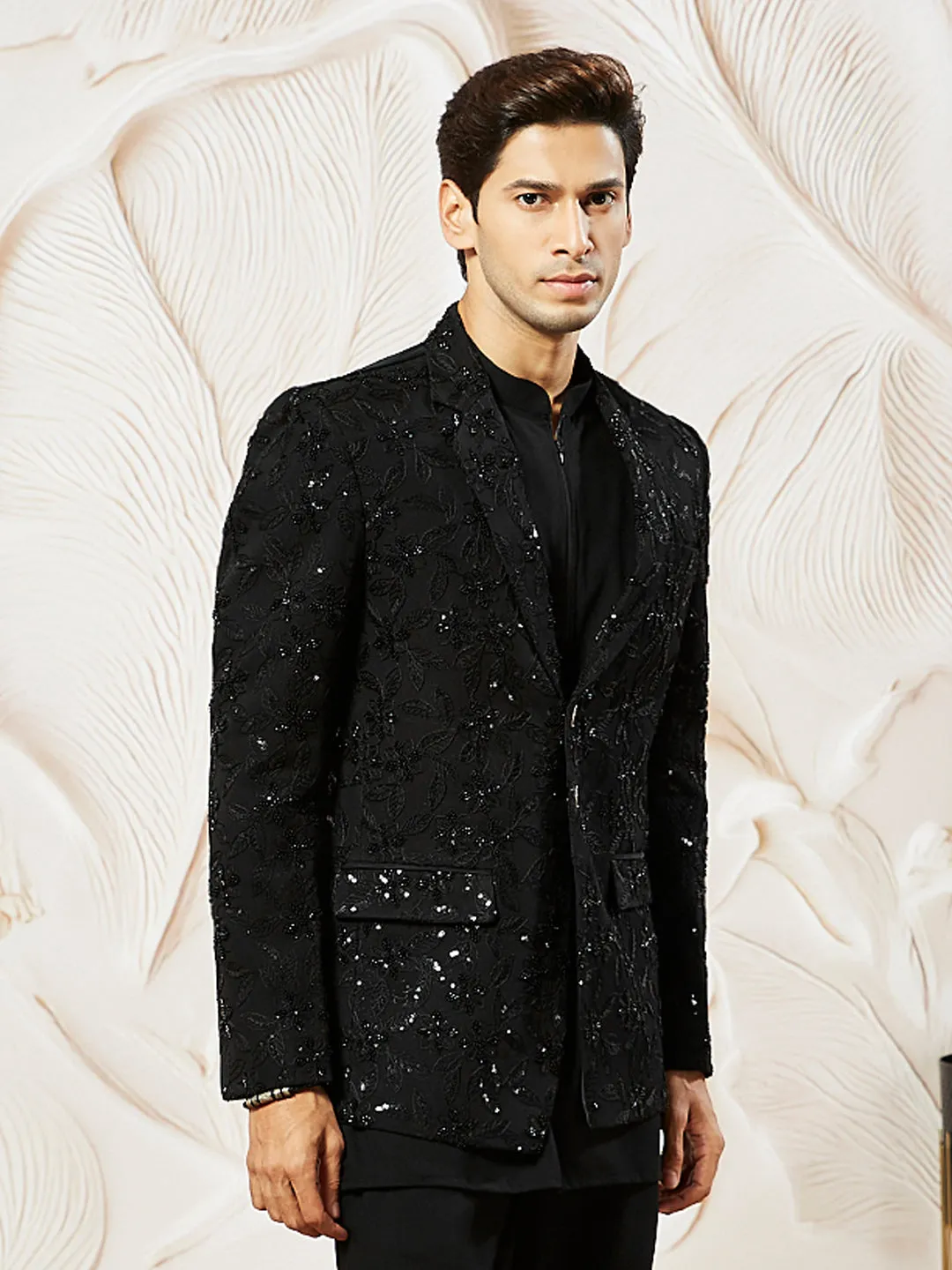 VASTRAMAY Men's Black Georgette Blazer