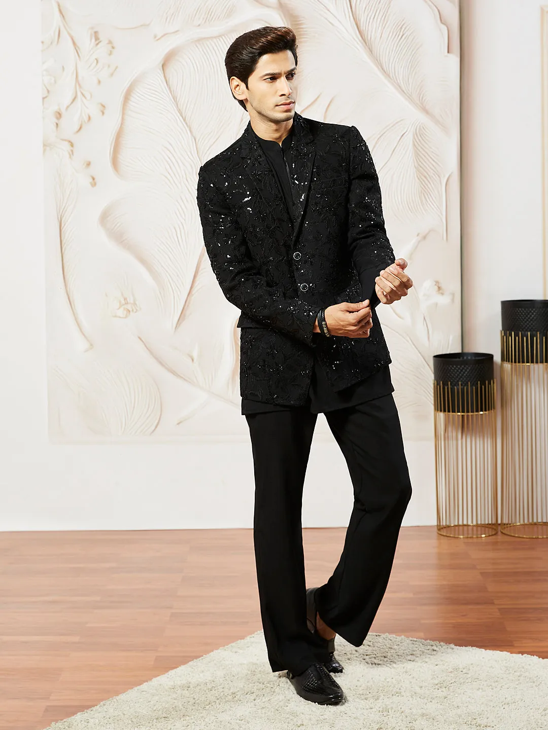 VASTRAMAY Men's Black Georgette Blazer