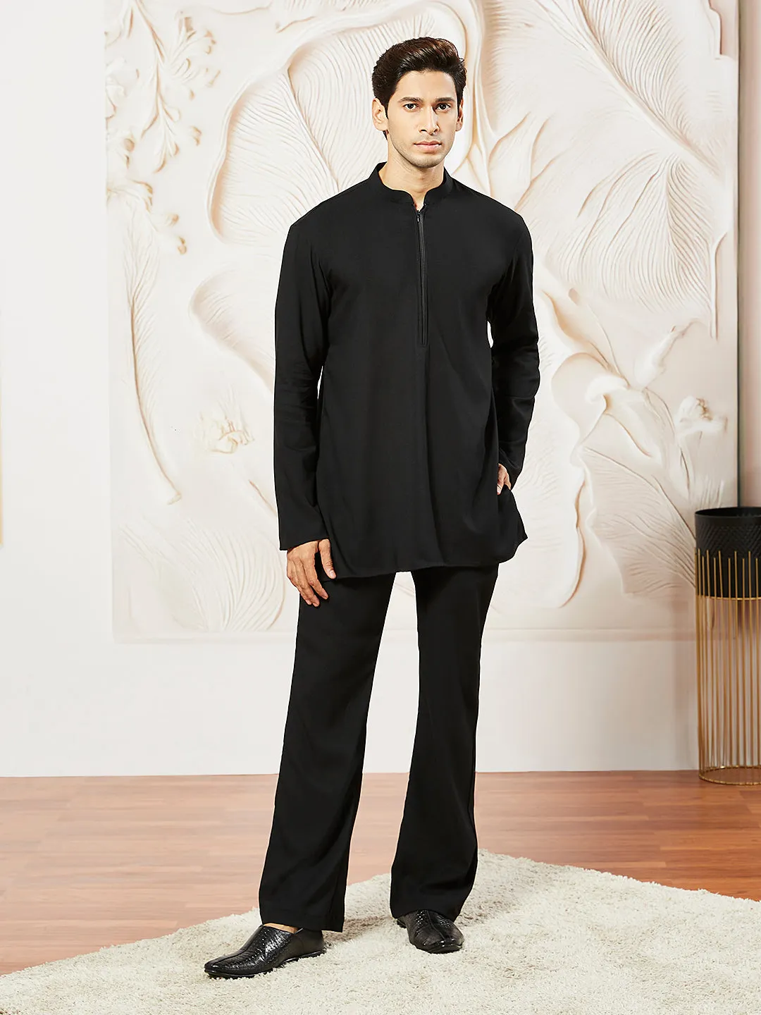 VASTRAMAY Men's Black Lycra Blazer,Kurta,Pant