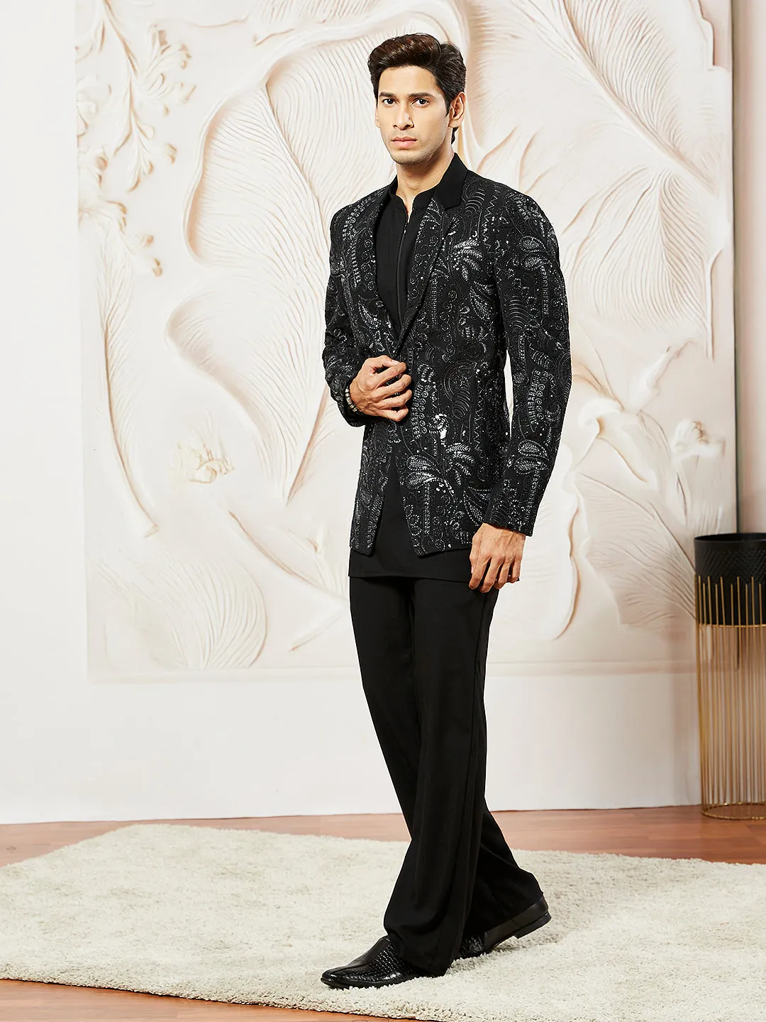 VASTRAMAY Men's Black Lycra Blazer,Kurta,Pant