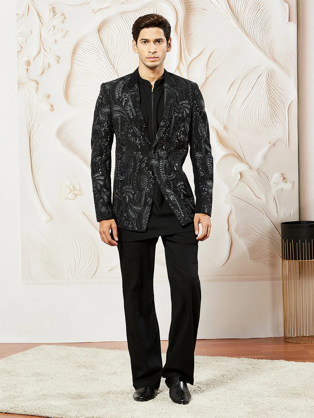 VASTRAMAY Men's Black Lycra Blazer,Kurta,Pant