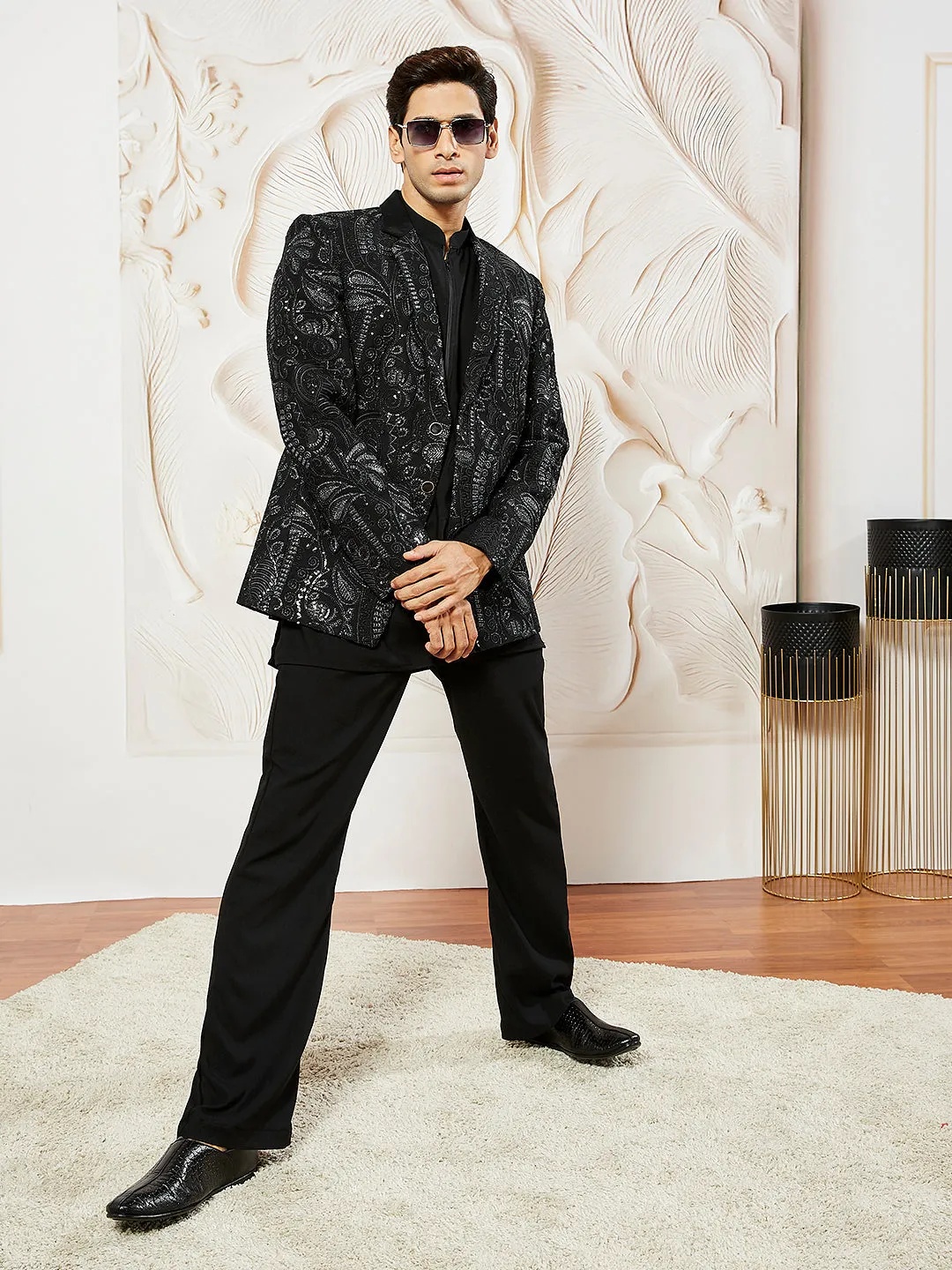 VASTRAMAY Men's Black Lycra Blazer,Kurta,Pant
