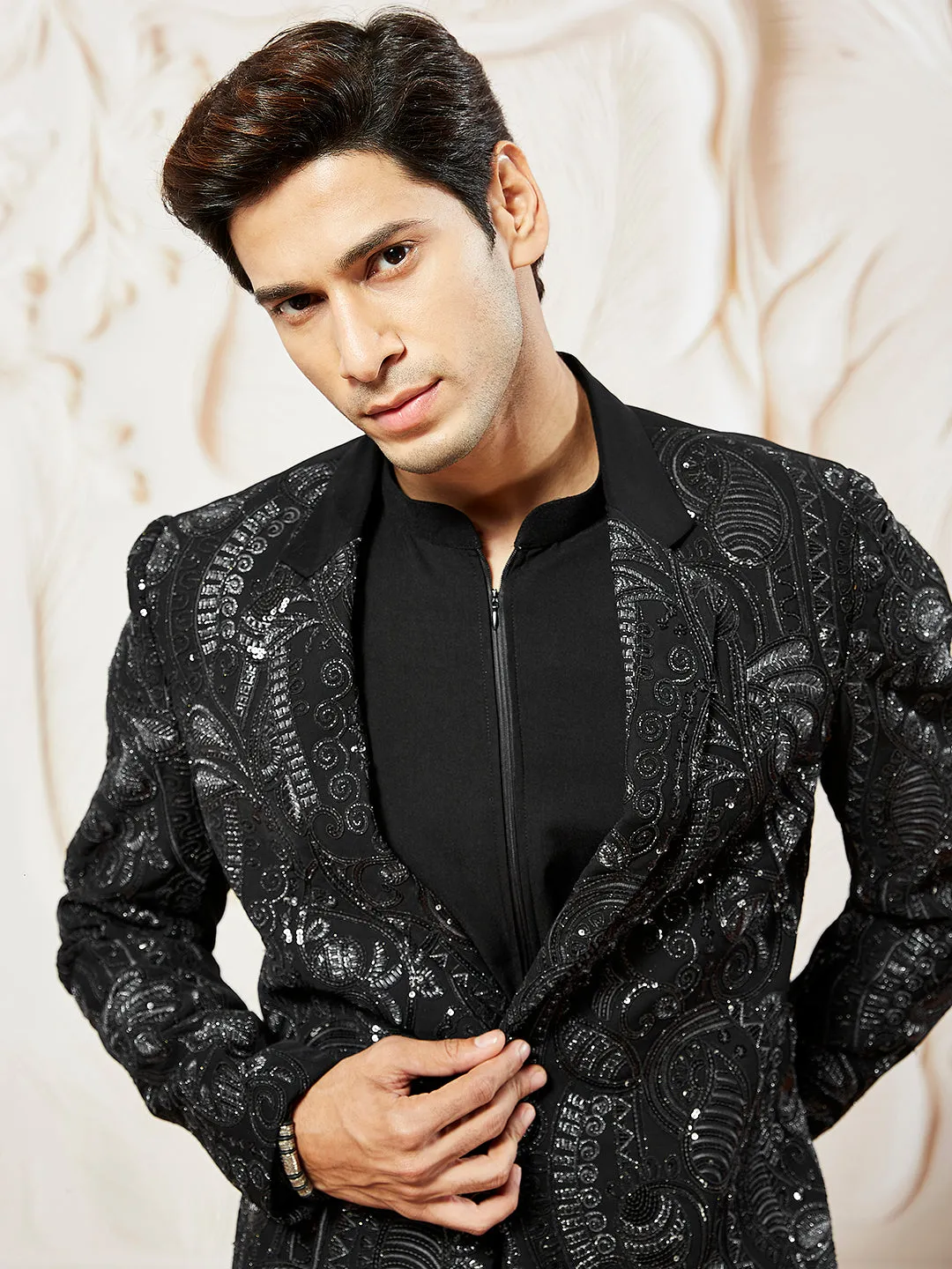 VASTRAMAY Men's Black Lycra Blazer,Kurta,Pant