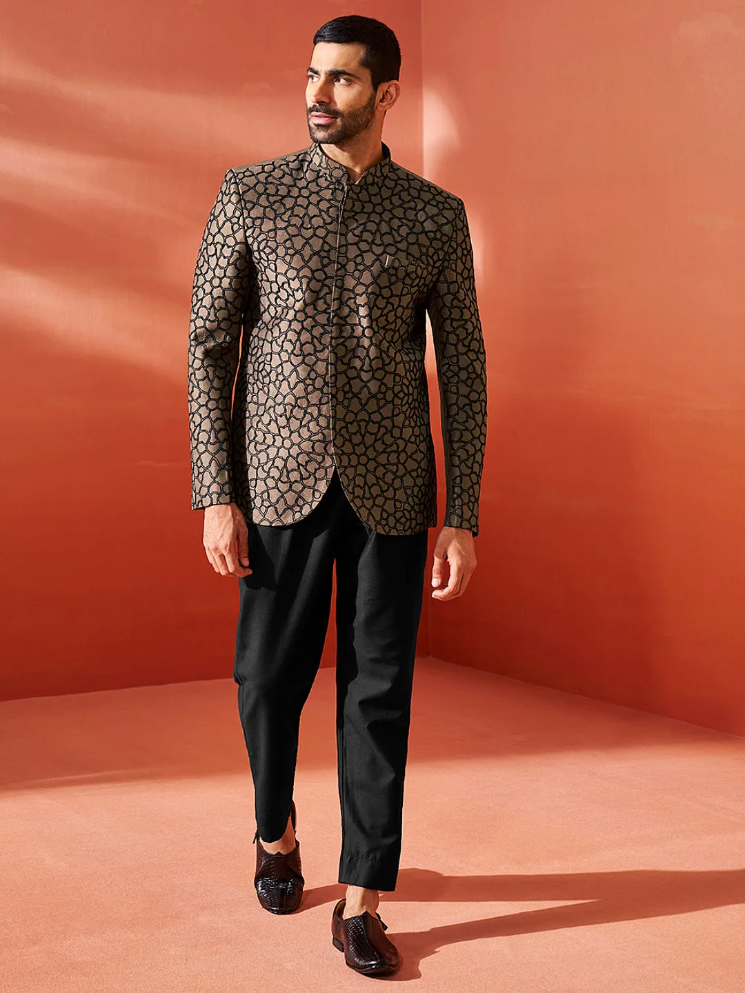 VASTRAMAY Men's Coffee And Black Silk Blend Jodhpuri,Pyjama Set
