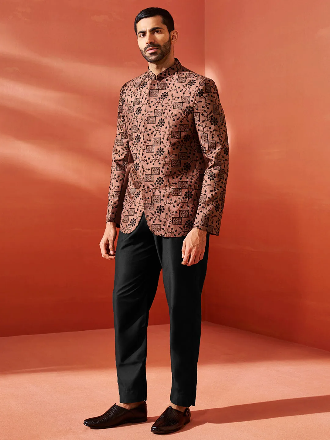 VASTRAMAY Men's Rust And Black Silk Blend Jodhpuri,Pyjama Set