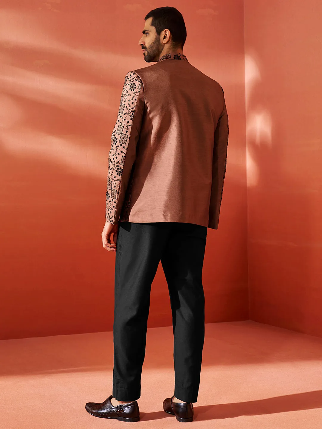VASTRAMAY Men's Rust And Black Silk Blend Jodhpuri,Pyjama Set