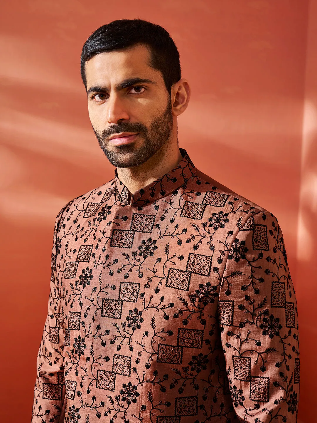 VASTRAMAY Men's Rust And Black Silk Blend Jodhpuri,Pyjama Set