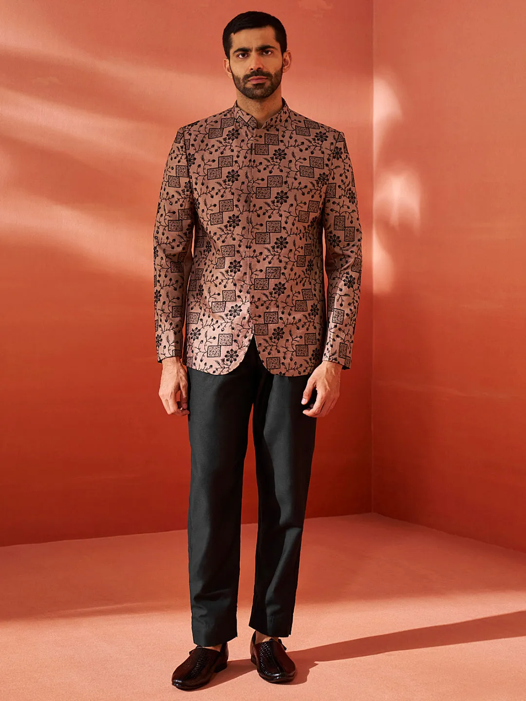 VASTRAMAY Men's Rust And Black Silk Blend Jodhpuri,Pyjama Set