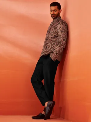 VASTRAMAY Men's Rust And Black Silk Blend Jodhpuri,Pyjama Set