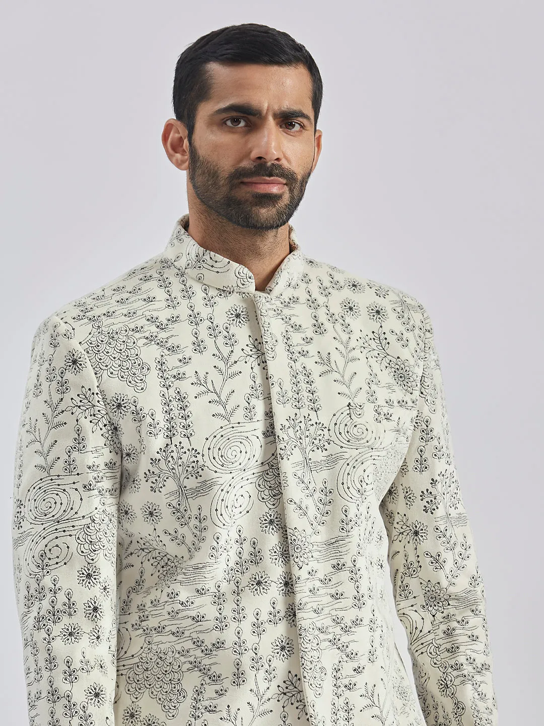 Vastramay Men's Velvet Embroidered Sequined Bandhgala Jodhpuri With Pant Style Pyjama