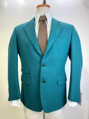 Vintage 1990s Men's Italian Teal Wool Single-Breast Herringbone Blazer, 38