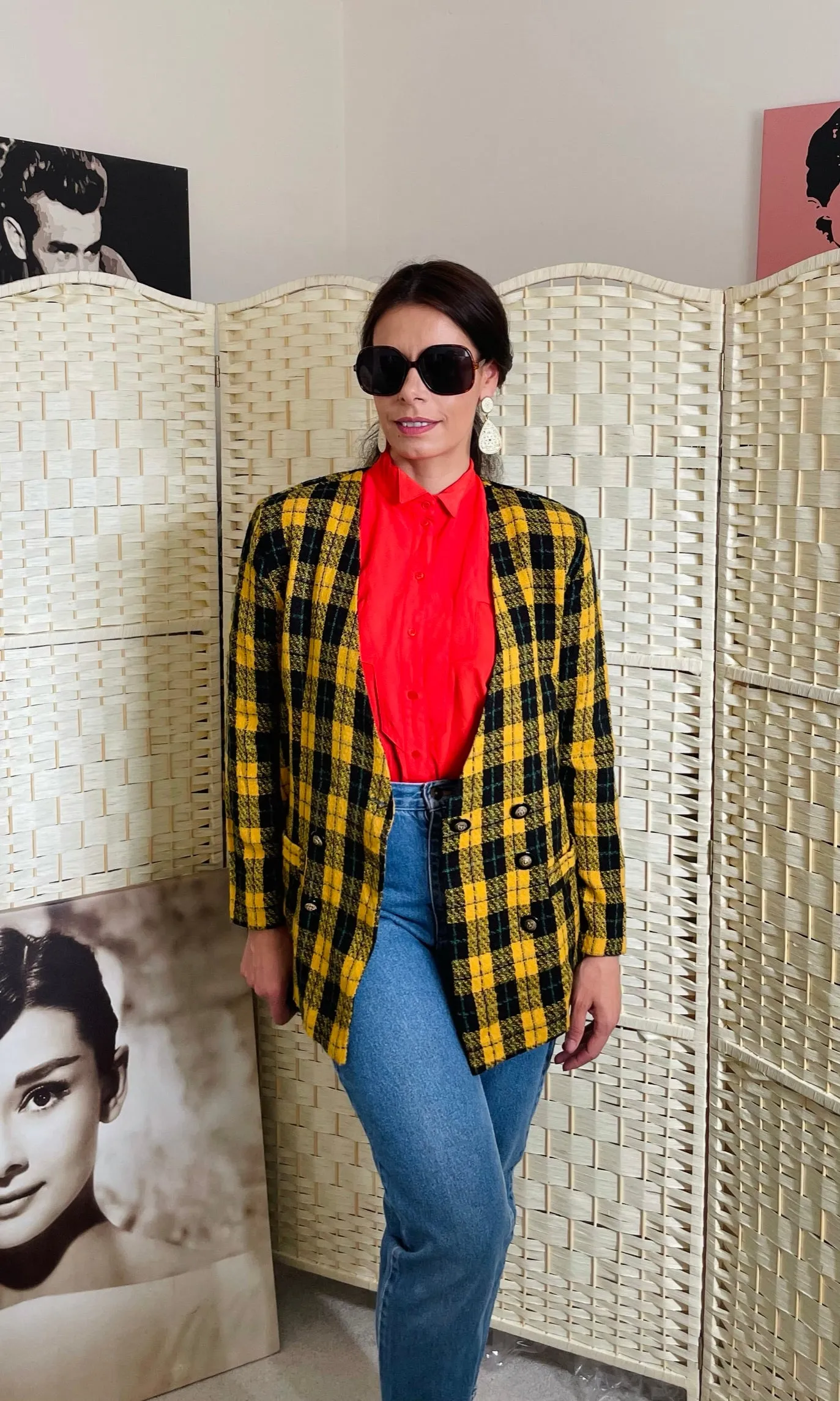 Vintage Jacquard Yellow and Black Tartan Check Blazer