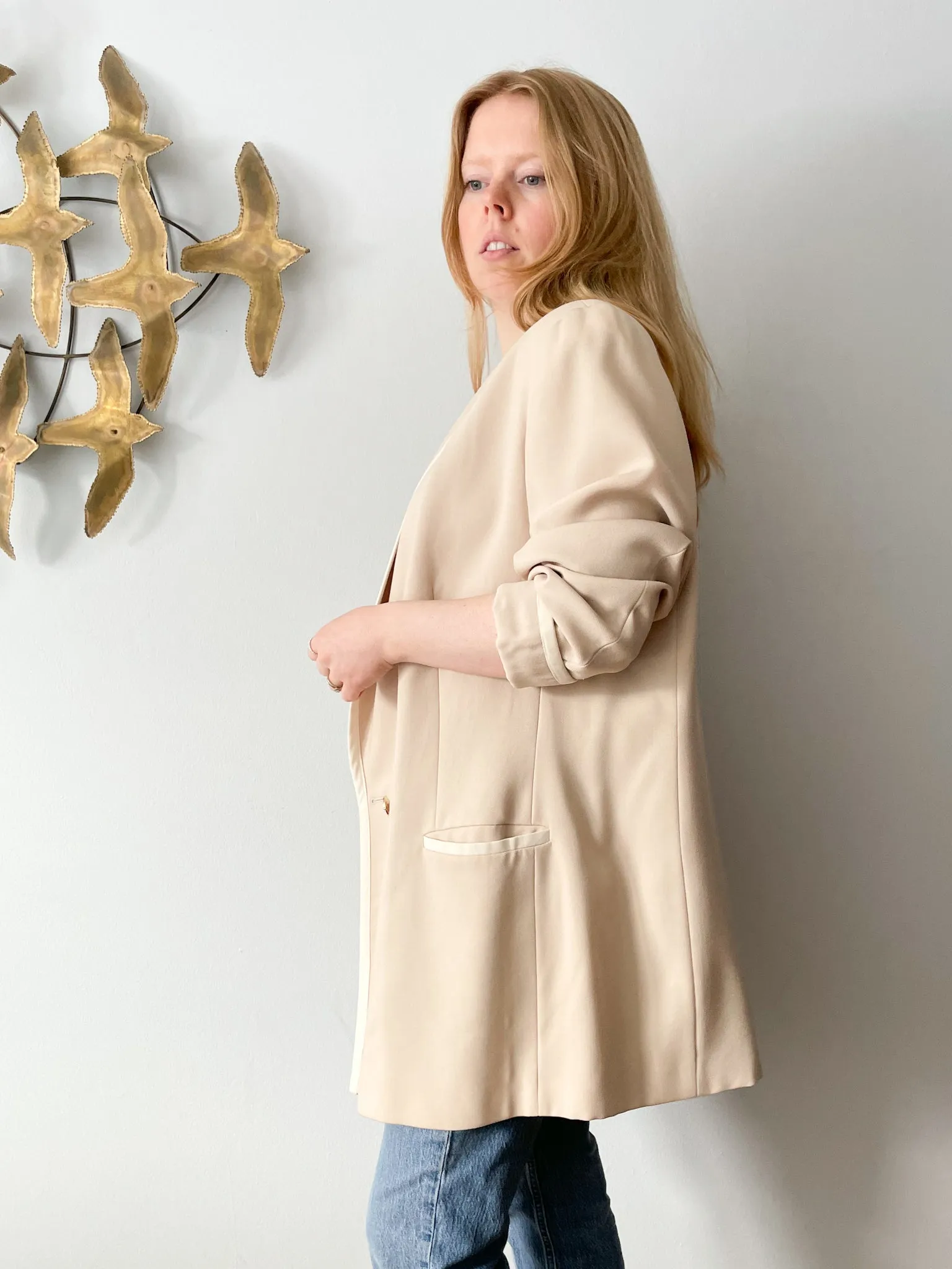 Vintage Peter Nygard 100% Wool Long Beige Blazer  - Size 16