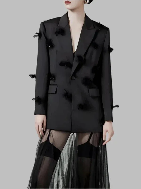 Wenkouban-Winter outfits Christmas Notched Collar Feather Single Button Black Blazer