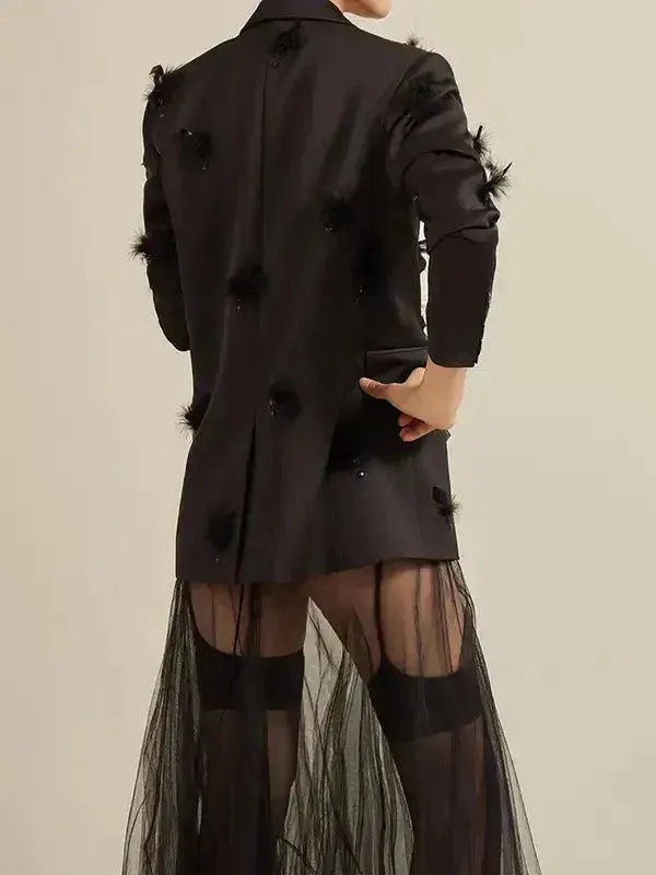 Wenkouban-Winter outfits Christmas Notched Collar Feather Single Button Black Blazer