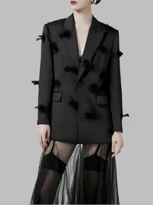 Wenkouban-Winter outfits Christmas Notched Collar Feather Single Button Black Blazer