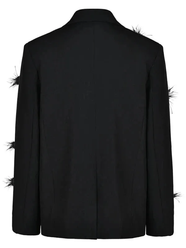 Wenkouban-Winter outfits Christmas Notched Collar Feather Single Button Black Blazer