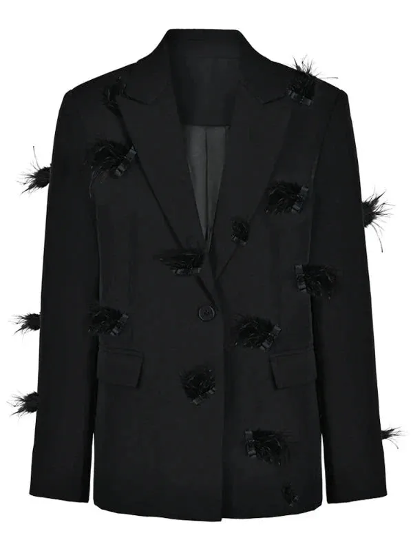Wenkouban-Winter outfits Christmas Notched Collar Feather Single Button Black Blazer