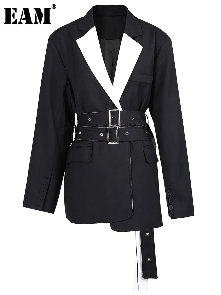 Wenkouban-Winter outfits Christmas White Patchwork Lapel Double Belt Black Jacket