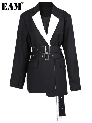 Wenkouban-Winter outfits Christmas White Patchwork Lapel Double Belt Black Jacket
