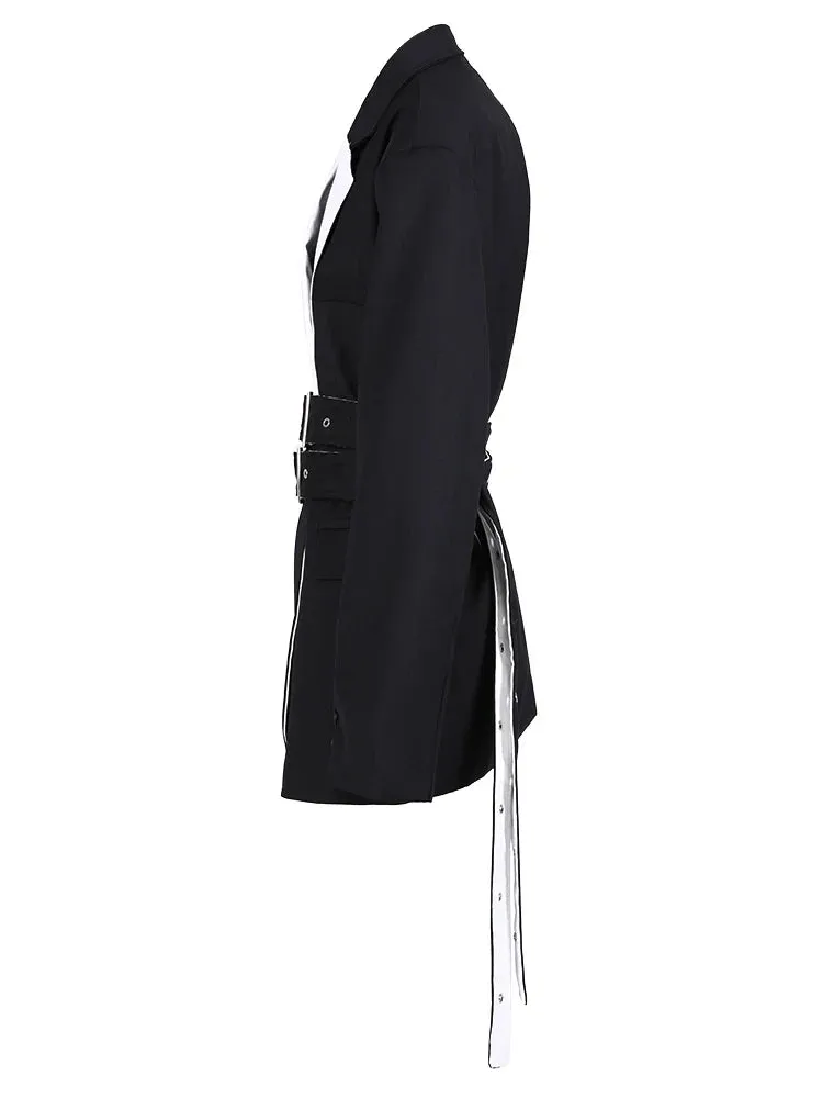 Wenkouban-Winter outfits Christmas White Patchwork Lapel Double Belt Black Jacket