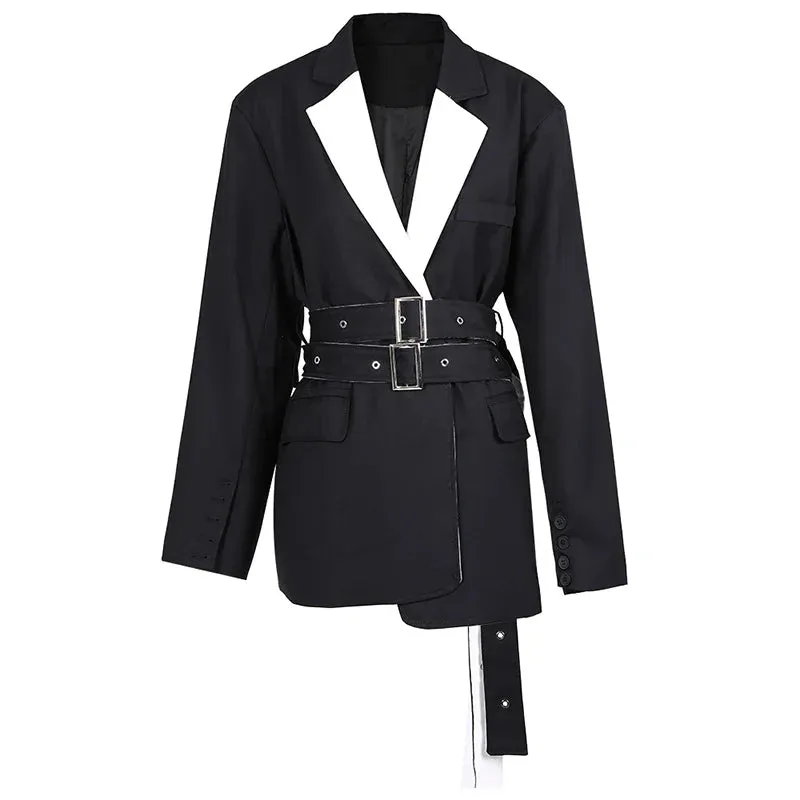 Wenkouban-Winter outfits Christmas White Patchwork Lapel Double Belt Black Jacket