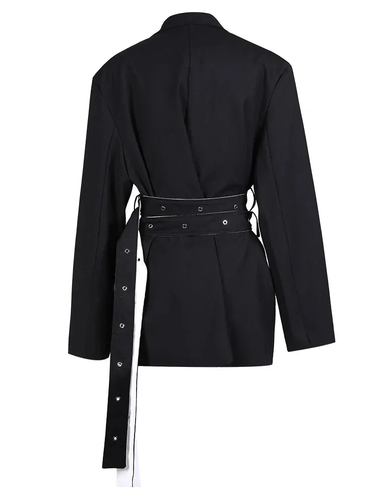 Wenkouban-Winter outfits Christmas White Patchwork Lapel Double Belt Black Jacket