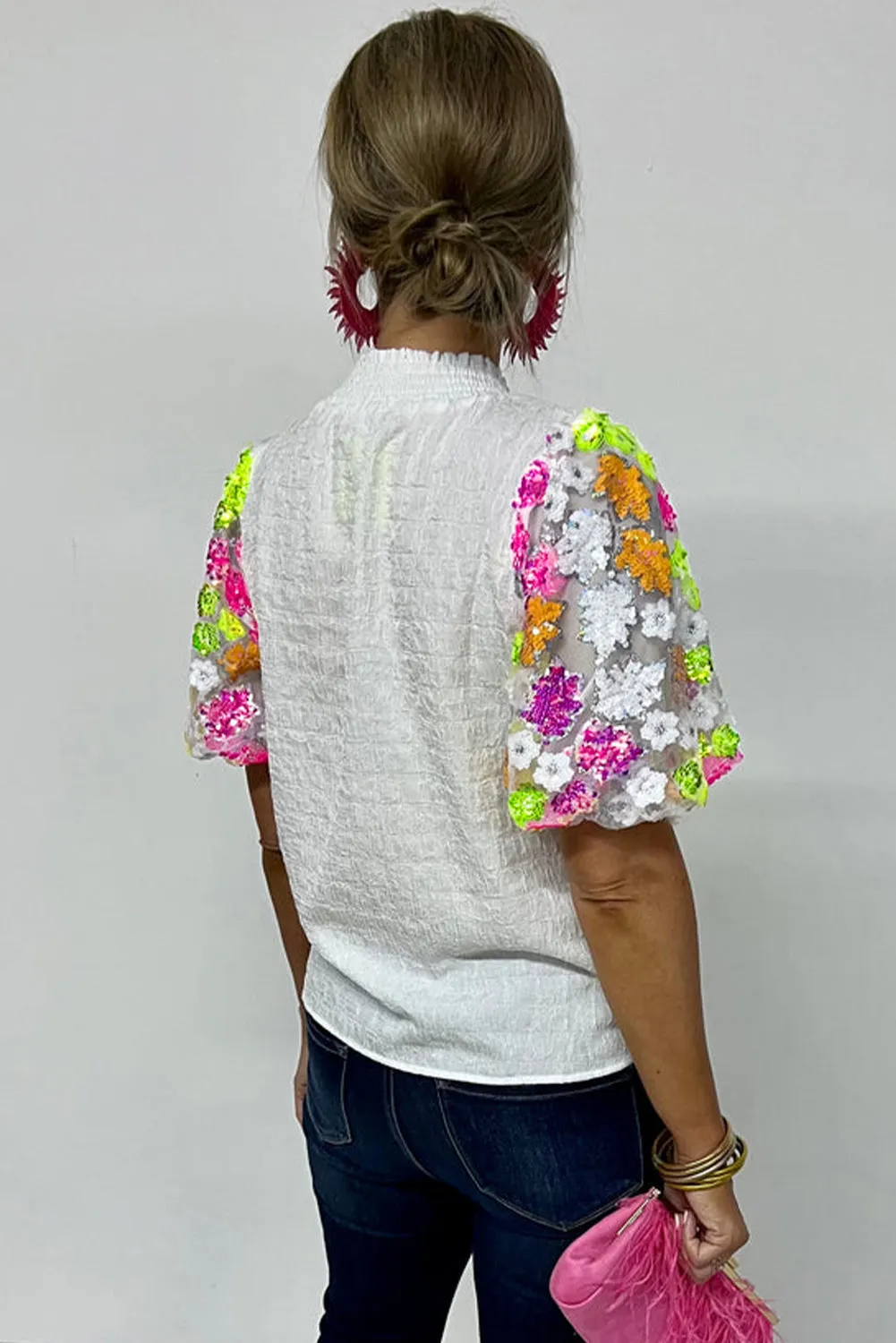 White Smocked Collar Sequin Flower Puff Sleeve Textured Top