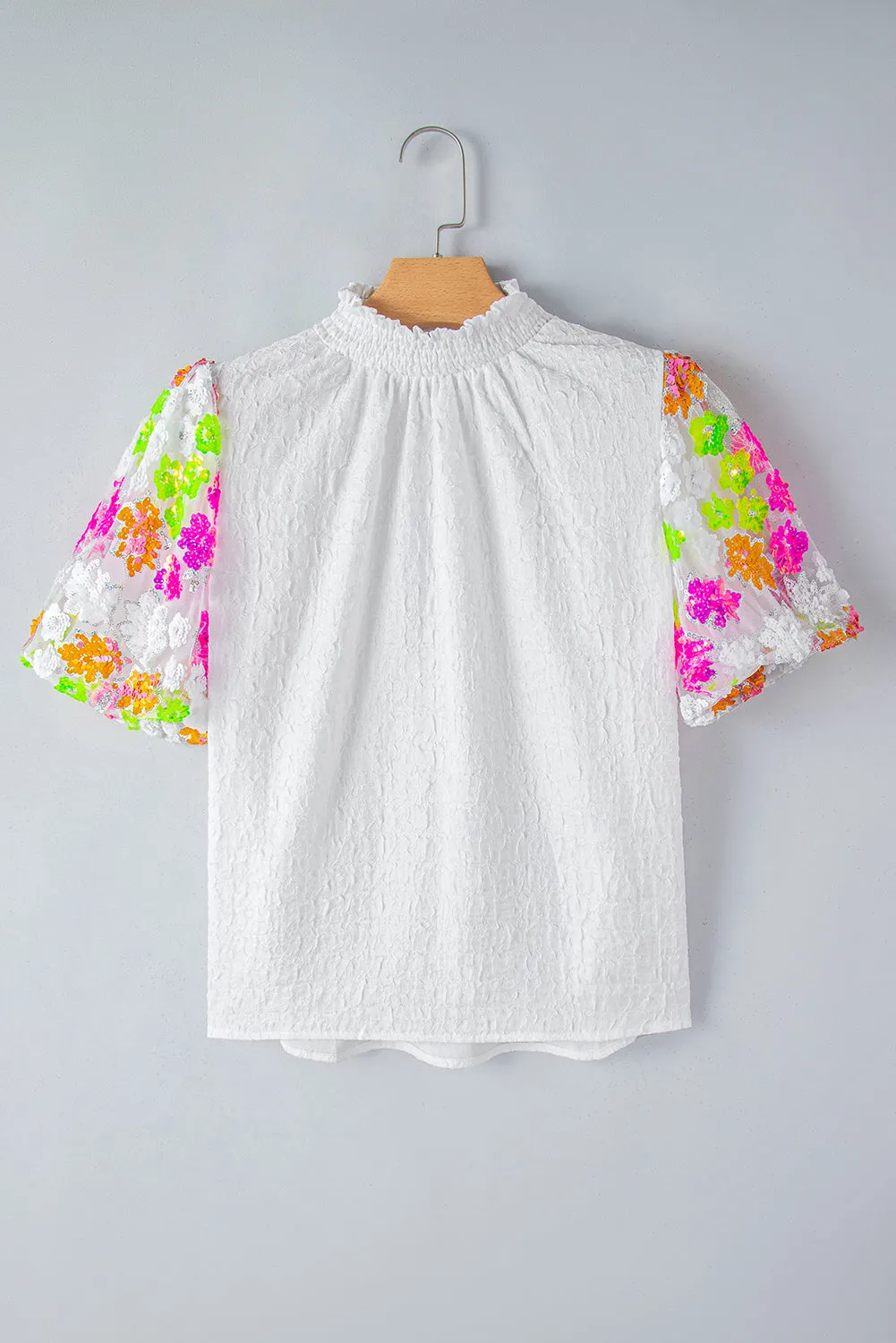 White Smocked Collar Sequin Flower Puff Sleeve Textured Top