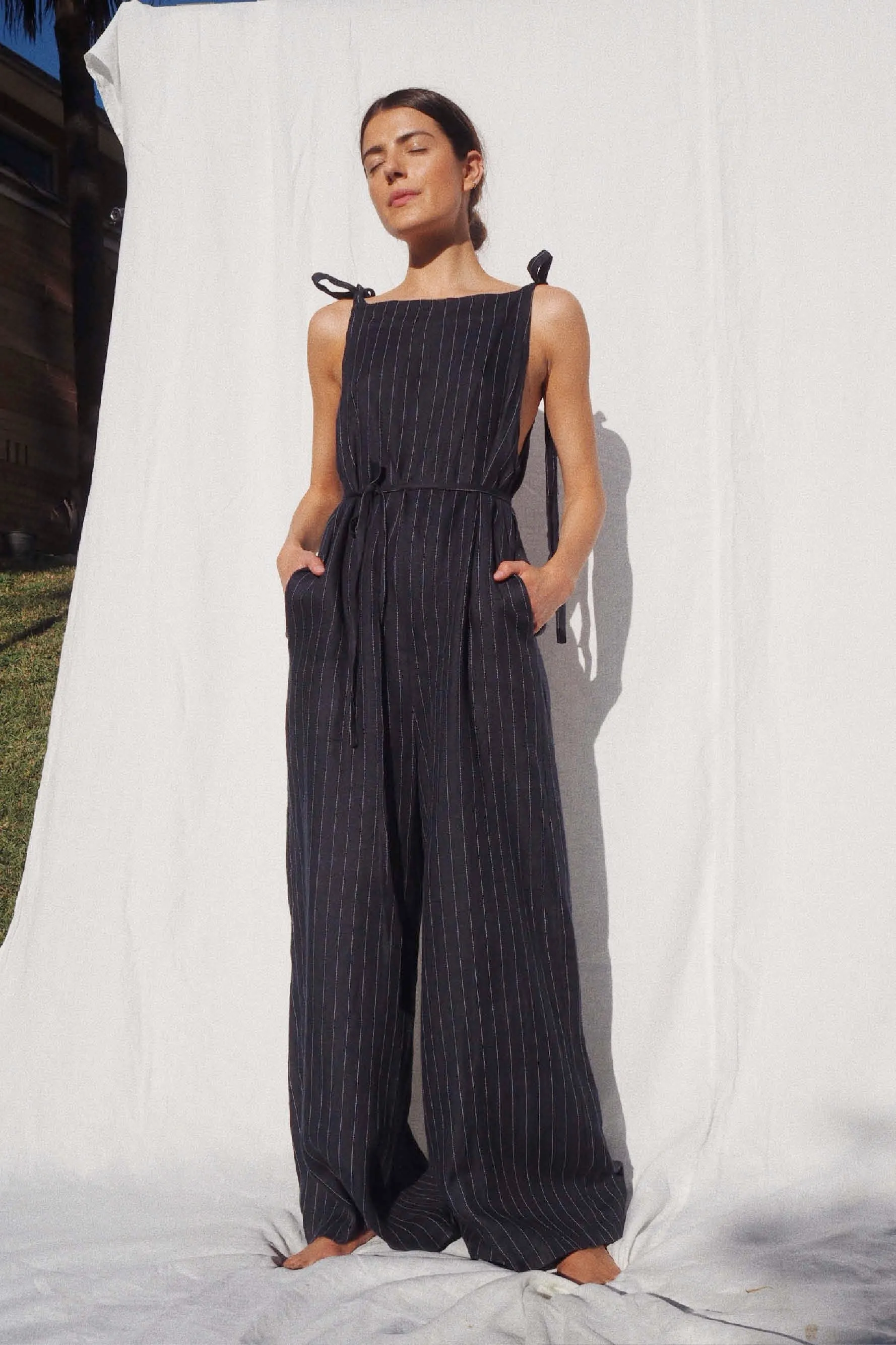 Wilde Linen Jumpsuit Navy Pinstripe