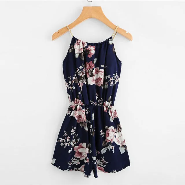Women Floral Print Self Tie Cami Romper
