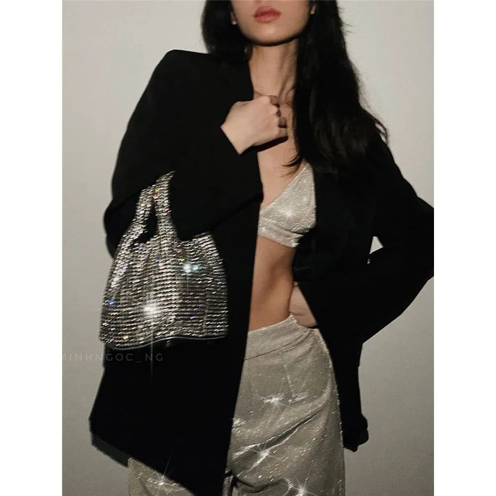 Women's 3 Pieces Silver Pants Suit Oversized Blazer With Bra Top & Pants