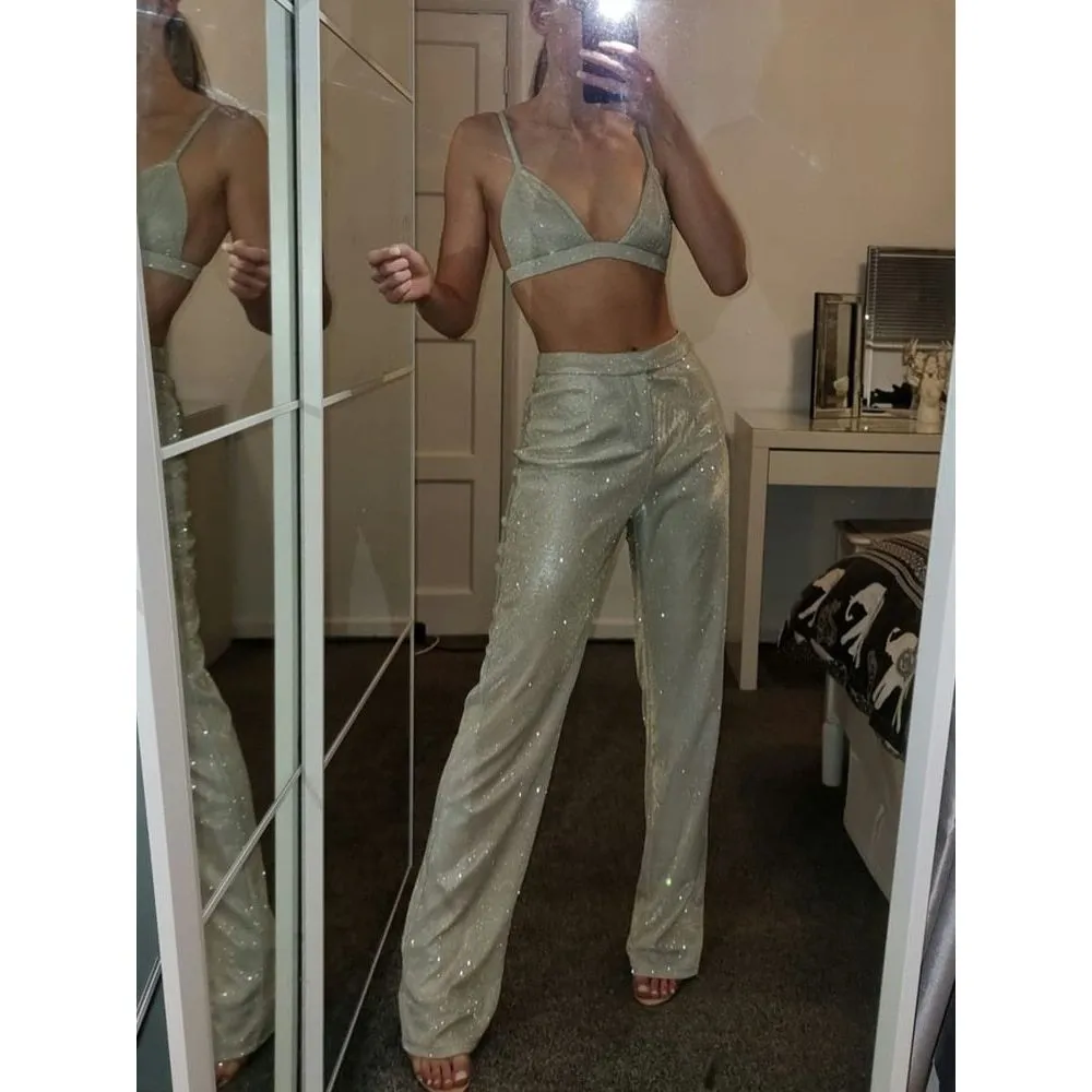 Women's 3 Pieces Silver Pants Suit Oversized Blazer With Bra Top & Pants