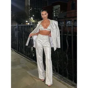 Women's 3 Pieces Silver Pants Suit Oversized Blazer With Bra Top & Pants