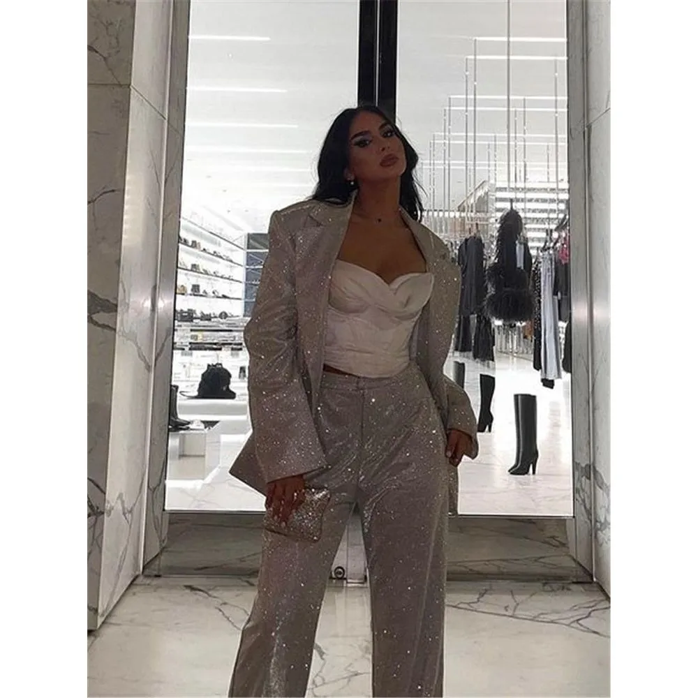 Women's 3 Pieces Silver Pants Suit Oversized Blazer With Bra Top & Pants