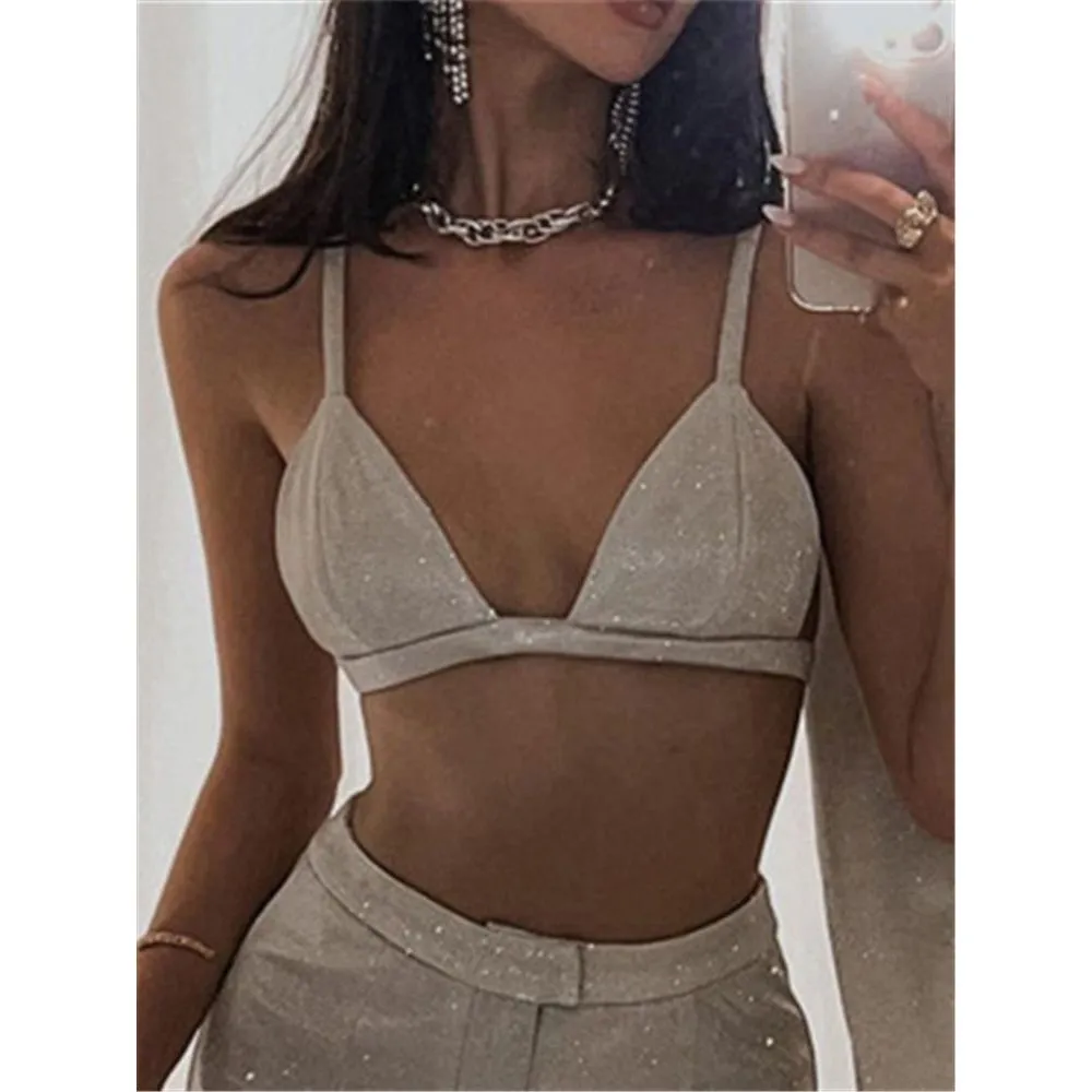 Women's 3 Pieces Silver Pants Suit Oversized Blazer With Bra Top & Pants