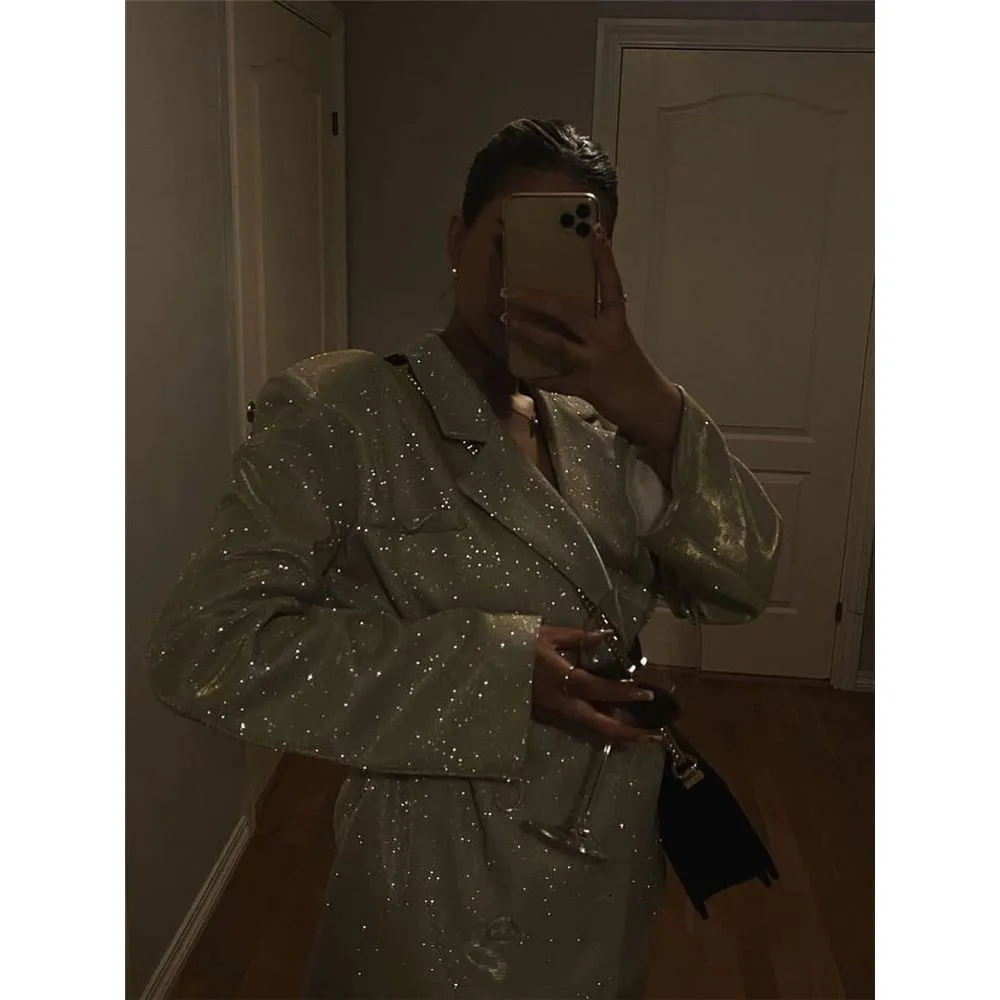 Women's 3 Pieces Silver Pants Suit Oversized Blazer With Bra Top & Pants