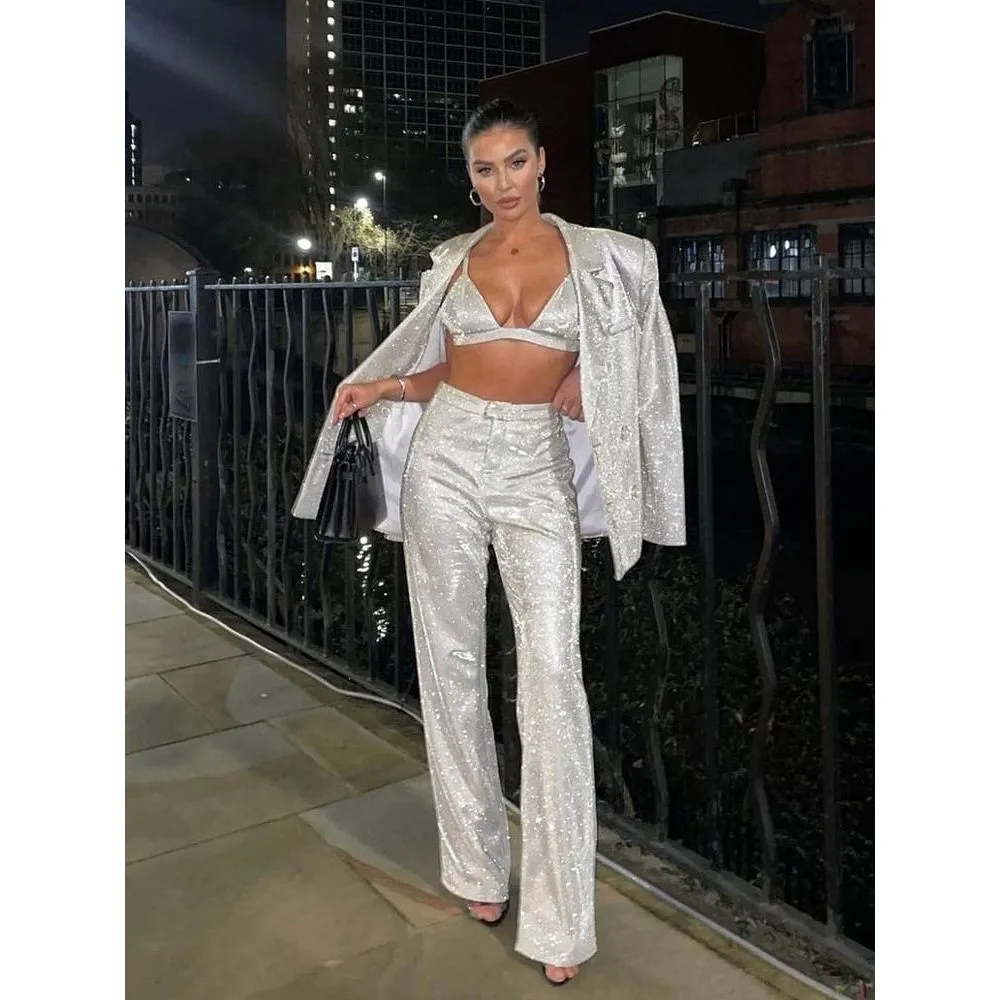 Women's 3 Pieces Silver Pants Suit Oversized Blazer With Bra Top & Pants