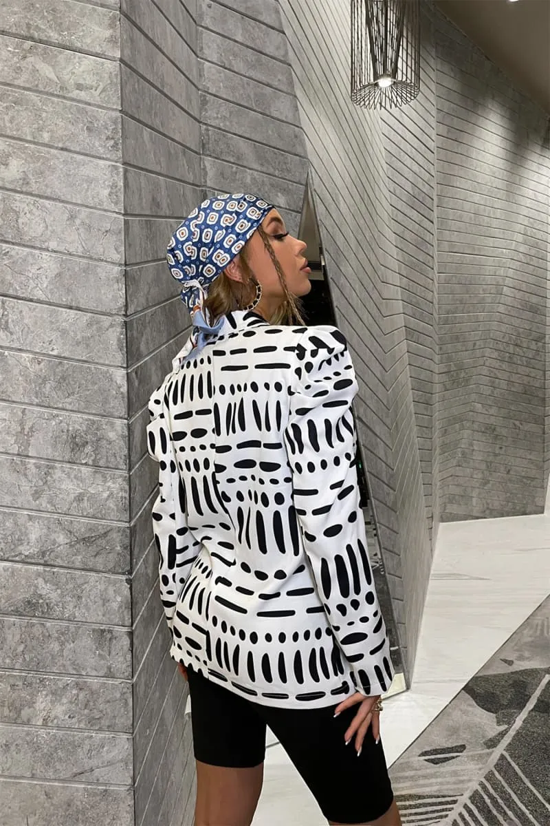 Women's Black And White Puff Shoulder Blazer