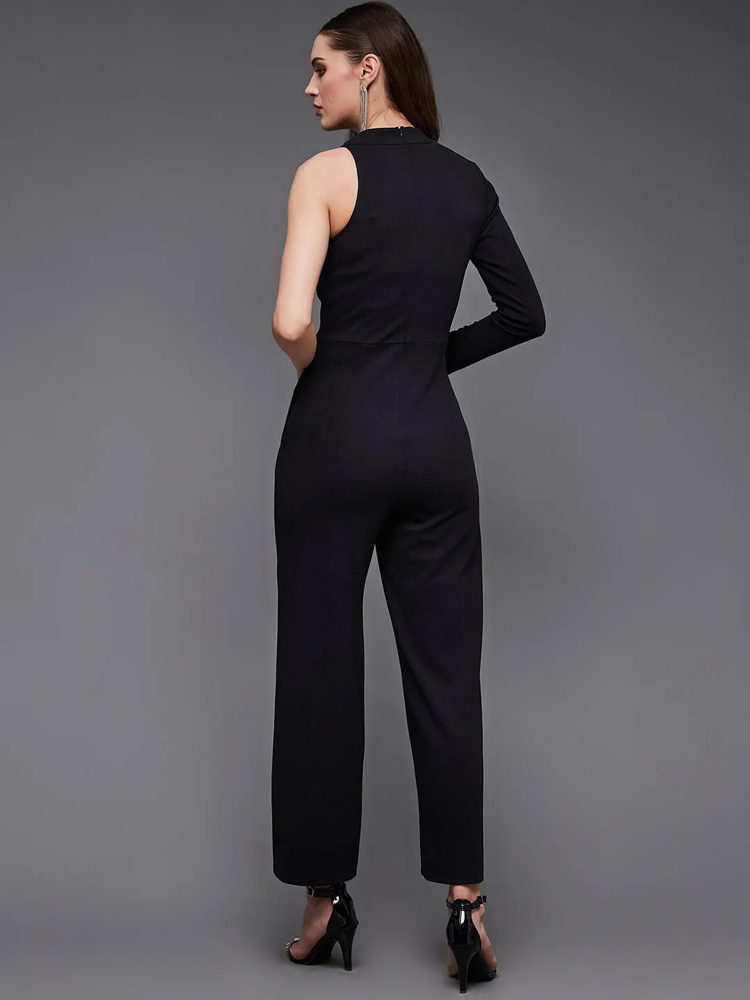 Women's Black Sequined Shawl Collar Asymmetric Blazer-Styled Slim Fit Party Jumpsuit