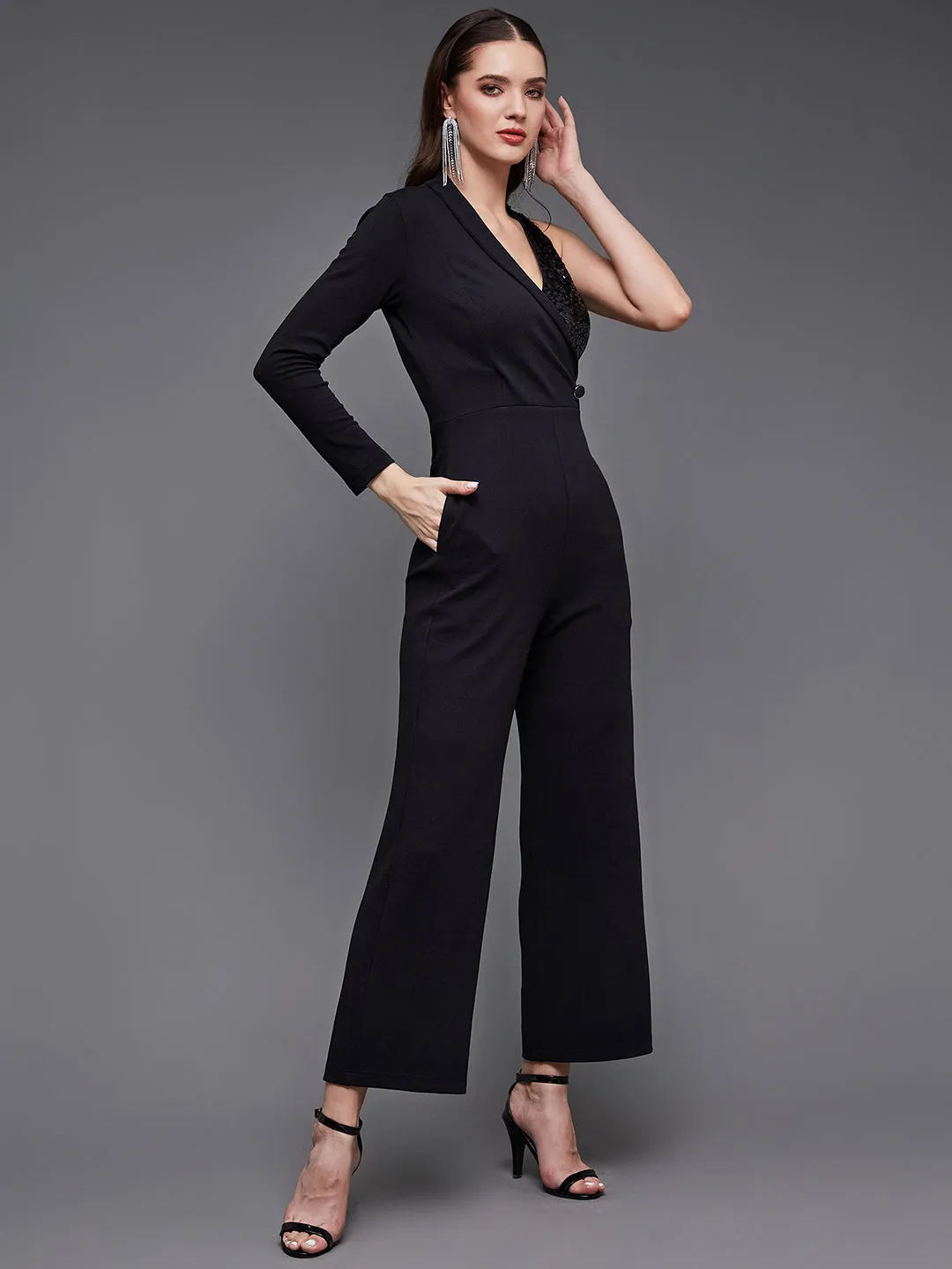 Women's Black Sequined Shawl Collar Asymmetric Blazer-Styled Slim Fit Party Jumpsuit